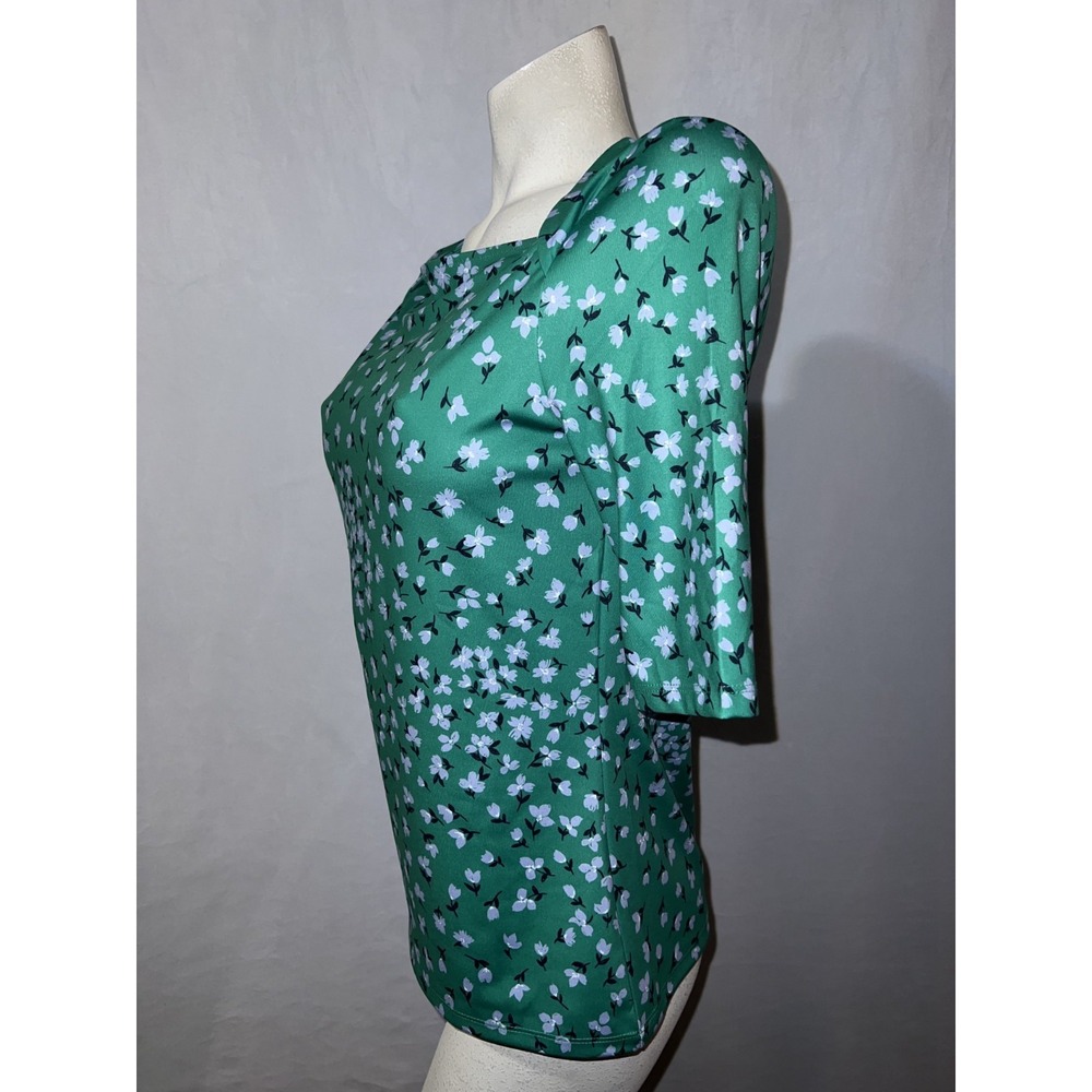 Ann Taylor Top Floral Stretch Envelope Neck Shirt Women's Size M Green Half Slv - Picture 4 of 8
